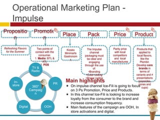 Operational Marketing Plan -
      Impulse
Propositio              Promotio
                                            Place          Pack              Price           Product
    n                      n
Refreshing Flavors         Two points of                    The Impulse     Parity price      Products that
                                             Kiosks
 for the Summer          contact with the                     channel        with local          applied to
                                            Minimarts
                            consumer.       Gastronom    packaging must     competitors        local flavors,
                         1. Media: BTL &        s           be clear and     and local             like the
                               ATL                           engaging      manufactures           Plombir.
                             2. POS                      through the use          .           Develop core
                       TV &                                      of:                             brands in
                       Radio                                 •Branding                            terms of
                                                           •Color coding                      variants and ≠
                                                          •Shape coding                       presentations
       In-
                                       PR
                                             Main highlights                                    (popsicles,
                                                                                                cones and
      store            360°                   On impulse channel Ice-Fili is going to     focus cups)
                      Campaig                  on 3 Ps Promotion, Price and Products.
                         n                    In this channel Ice-Fili is looking to increase
                                               loyalty from the consumer to the brand and
                                               increase consumption frequency.
            Digital             OOH           Main features of the campaign are OOH, In
                                               store activations and digital.
 