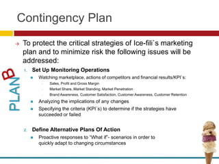 Contingency Plan
   To protect the critical strategies of Ice-fili`s marketing
    plan and to minimize risk the following issues will be
    addressed:
    1.   Set Up Monitoring Operations
            Watching marketplace, actions of competitors and financial results/KPI`s:
                  Sales, Profit and Gross Margin
                  Market Share, Market Standing, Market Penetration
                  Brand Awareness, Customer Satisfaction, Customer Awareness, Customer Retention
            Analyzing the implications of any changes
            Specifying the criteria (KPI`s) to determine if the strategies have
             succeeded or failed


    2.   Define Alternative Plans Of Action
            Proactive responses to “What if”- scenarios in order to
             quickly adapt to changing circumstances
 