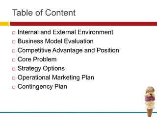 Table of Content

   Internal and External Environment
   Business Model Evaluation
   Competitive Advantage and Position
   Core Problem
   Strategy Options
   Operational Marketing Plan
   Contingency Plan
 