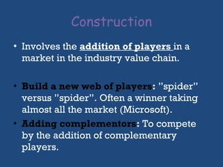 Construction Involves the  addition of players  in a market in the industry value chain.  Build a new web of players :  ”spider” versus ”spider”. Often a winner taking almost all the market (Microsoft). Adding complementors :  To compete by the addition of complementary players.  