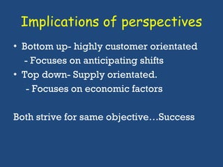 Implications of perspectives Bottom up- highly customer orientated   - Focuses on anticipating shifts Top down- Supply orientated. - Focuses on economic factors  Both strive for same objective…Success  