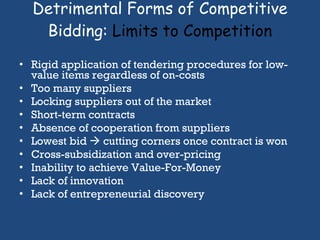 Detrimental Forms of Competitive Bidding:  Limits to Competition Rigid application of tendering procedures for low-value items regardless of on-costs Too many suppliers Locking suppliers out of the market Short-term contracts Absence of cooperation from suppliers Lowest bid    cutting corners once contract is won Cross-subsidization and over-pricing Inability to achieve Value-For-Money Lack of innovation Lack of entrepreneurial discovery 