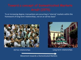 Toward a concept of Domesticated Markets  Arndt (1979) Ad hoc relationships Long-term relationships To an increasing degree, transactions are occurring in ‘internal’ markets within the framework of long-term relationships, not on an ad hoc basis” Movement towards a Domesticated Markets 