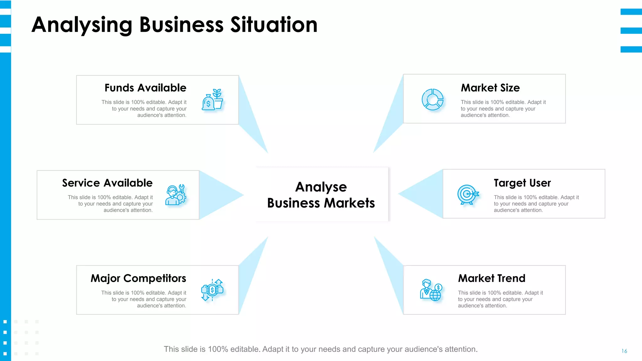 Analysing Business Situation
16
Market Size
This slide is 100% editable. Adapt it
to your needs and capture your
audience's attention.
Target User
This slide is 100% editable. Adapt it
to your needs and capture your
audience's attention.
Market Trend
This slide is 100% editable. Adapt it
to your needs and capture your
audience's attention.
Major Competitors
This slide is 100% editable. Adapt it
to your needs and capture your
audience's attention.
Service Available
This slide is 100% editable. Adapt it
to your needs and capture your
audience's attention.
Funds Available
This slide is 100% editable. Adapt it
to your needs and capture your
audience's attention.
Analyse
Business Markets
This slide is 100% editable. Adapt it to your needs and capture your audience's attention.
 