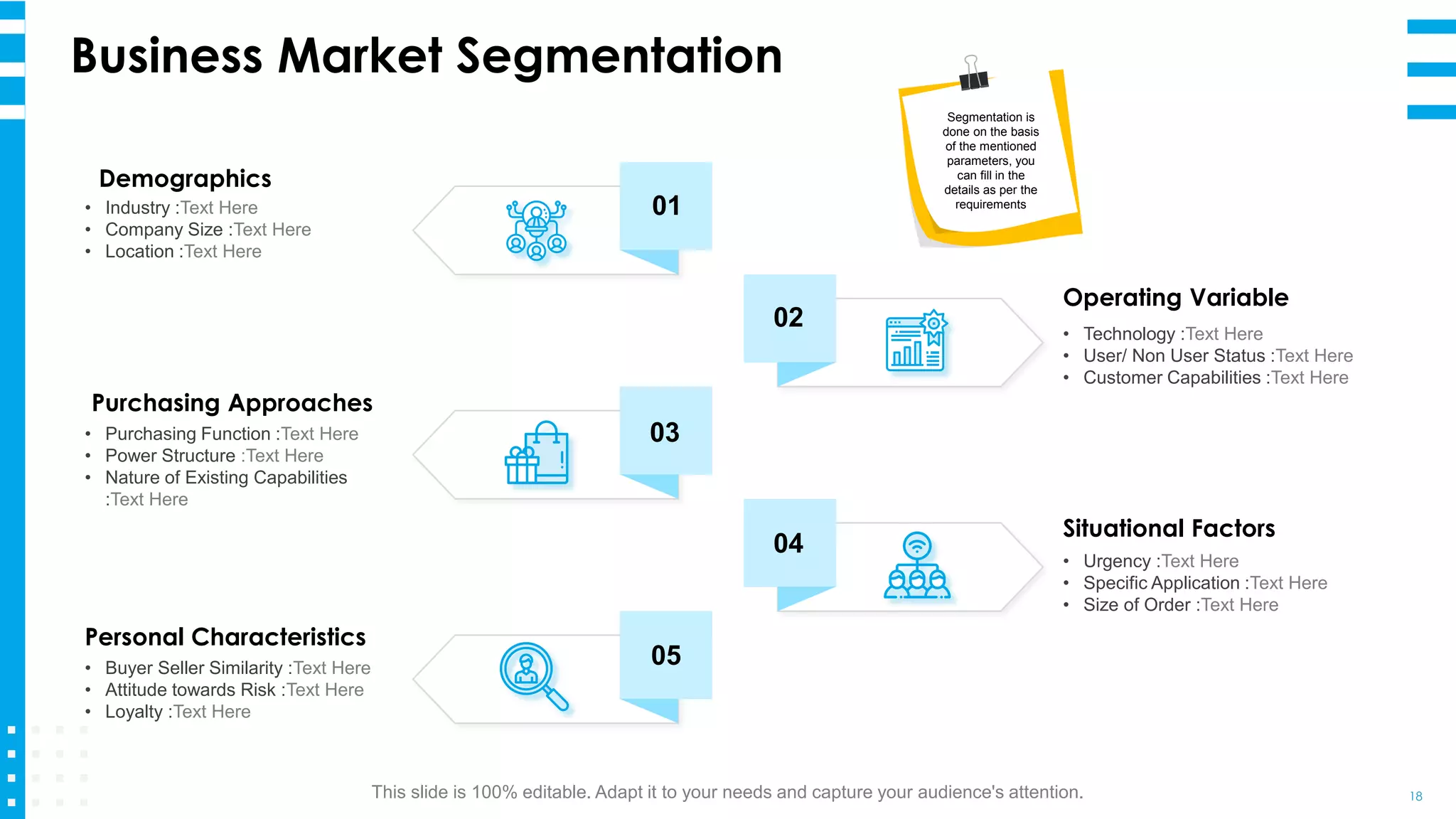 Business Market Segmentation
18
Demographics
• Industry :Text Here
• Company Size :Text Here
• Location :Text Here
Operating Variable
• Technology :Text Here
• User/ Non User Status :Text Here
• Customer Capabilities :Text Here
Purchasing Approaches
• Purchasing Function :Text Here
• Power Structure :Text Here
• Nature of Existing Capabilities
:Text Here
Situational Factors
• Urgency :Text Here
• Specific Application :Text Here
• Size of Order :Text Here
Personal Characteristics
• Buyer Seller Similarity :Text Here
• Attitude towards Risk :Text Here
• Loyalty :Text Here
Segmentation is
done on the basis
of the mentioned
parameters, you
can fill in the
details as per the
requirements
This slide is 100% editable. Adapt it to your needs and capture your audience's attention.
01
02
03
04
05
 