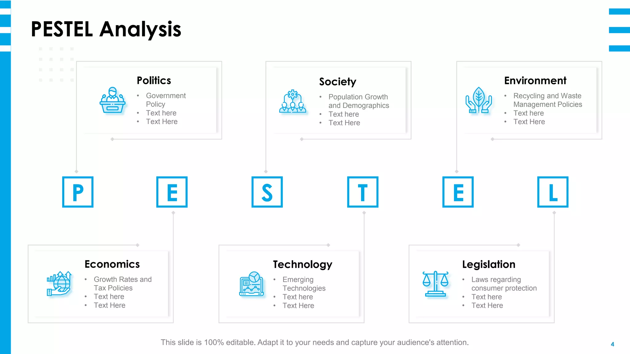 4
PESTEL Analysis
This slide is 100% editable. Adapt it to your needs and capture your audience's attention.
P E E L
Environment
• Recycling and Waste
Management Policies
• Text here
• Text Here
Politics
• Government
Policy
• Text here
• Text Here
Economics
• Growth Rates and
Tax Policies
• Text here
• Text Here
S
Society
• Population Growth
and Demographics
• Text here
• Text Here
T
Technology
• Emerging
Technologies
• Text here
• Text Here
Legislation
• Laws regarding
consumer protection
• Text here
• Text Here
 