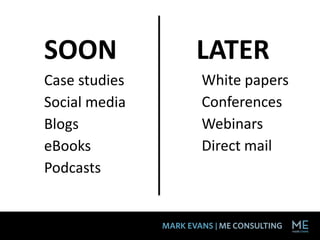 Case studies
Social media
Blogs
eBooks
Podcasts
White papers
Conferences
Webinars
Direct mail
SOON LATER
 