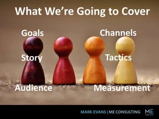 Goals Channels
TacticsStory
Audience Measurement
What We’re Going to Cover
 