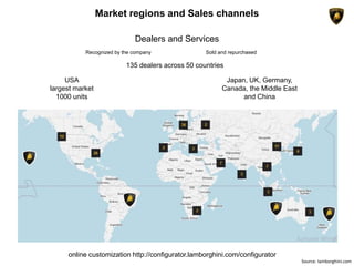 Market regions and Sales channels
online customization http://configurator.lamborghini.com/configurator
Dealers and Services
135 dealers across 50 countries
Recognized by the company Sold and repurchased
Source: lamborghini.com
USA
largest market
1000 units
Japan, UK, Germany,
Canada, the Middle East
and China
 