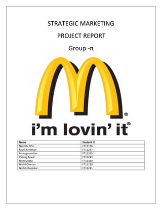 STRATEGIC MARKETING<br />PROJECT REPORT<br />Group -π<br />NameStudent IDNandita DhirFT11136Murli KrishnanFT11237MuruganandanFT11335Pankaj AswalFT11243Nitin GuptaFT11339Nikhil CherianFT11139Nikhil KhedekarFT11241<br />U-CURVE Analysis of Fast Food Industry in US<br />The United States has the largest fast food industry in the world, and American fast food restaurants are located in over 100 countries. Approximately 2 million U.S. workers are employed in the areas of food preparation and food servicing including fast food in the USA.  Fast food restaurants represent one of the largest segments of the food industry with over 200,000 restaurants and $120B in sales in the U.S. alone. Here in this analysis we have taken 24 companies and plotted their revenue and return on equity. U-Curve is plotted in X-Y axis. X-axis is the Size and Y-axis is the return on investment (ROI). The X-axis will be determined by revenue and Y-axis is determined using return on equity from the share market. <br />CompanyRevenue (in millions)Net Income / RevenuePizza Inn41.52%Nathas Famous53.77%Brazil Fast Food corp6012%MTY Food Group6323%Caribou coffee company2833%Krispy Kreme doughnuts3573%Sonic5514%Papa Johns international11204%Panera Bread Company 1,3536%CKE Restaurants 1,4193%Chipotle Mexican Grill1,740.009%Jack in the Box 2,4715%Burger King Holdings2,5378%Tim Hortons262013%Brinker International 3,6212%Darden Restaurants7,2185%Starbuck’s 9,7754%Yum! Brands10,83610%McDonald's22,74520%<br />International players such as McDonald's (MCD) and Yum! Brands (YUM) have had the most success as explosive growth in emerging markets has offset rising costs and a U.S. slowdown. Other companies like Sonic and Domino's have turned to new marketing campaigns and product innovation to boost growth and profitability.<br />The important aspect of U-curve is irrespective of any industry, any time period the markets remain U. This fundamental nature of business function in society helps industries to analyze and observe their current position and adopt strategies to move along the nature of the curve. The movement of one firm will affect the movement of another firm but effectively the curve remains same.<br />BCG Matrix<br />The BCG matrix (aka Boston Consulting Group analysis) is a chart that had been created by Bruce Henderson for the Boston Consulting Group in 1968 to help corporations with analyzing their business units or product lines. This helps the company allocate resources and is used as an analytical tool in brand marketing, product management, strategic management, and portfolio analysis.<br />QuadrantsDescriptionCash CowsCash cows are units with high market share in a slow-growing industry. These units typically generate cash in excess of the amount of cash needed to maintain the business.DogsDogs or more charitably called pets, are units with low market share in a mature, slow-growing industry. Question MarksQuestion marks are growing rapidly and thus consume large amounts of cash, but because they have low market shares they do not generate much cash.StarsStars are units with a high market share in a fast-growing industry. The hope is that stars become the next cash cows. When growth slows, stars become cash cows if they have been able to maintain their category leadership.<br />As a particular industry matures and its growth slows, all business units become either cash cows or dogs. The natural cycle for most business units is that they start as question marks, and then turn into stars. Eventually the market stops growing thus the business unit becomes a cash cow. At the end of the cycle the cash cow turns into a dog.<br />Global Fast food industry<br />In 2009, the global fast food market grew by 4.8% and reached a value of 102.4 billion and a volume of 80.3 billion transactions. In India alone the fast food industry is growing by 41% a year. Mc Donald continues to be the largest operator in this segment.<br />McDonald's is located in 126 countries and on 6 continents and operates over 31,000 restaurants worldwide. There are numerous other fast food restaurants located all over the world. Burger King has more than 11,100 restaurants in more than 65 countries. KFC is located in 25 countries. Subway is one of the fastest growing franchises in the world with approximately 39,129 restaurants in 90 countries as of May 2009. Pizza Hut is located in 97 countries, with 100 locations in China. Taco Bell has 278 restaurants located in 12 countries besides the United States.<br />McDonalds Revenues<br />Mc Donald’s BCG matrix<br />Porter’s Five Forces Analysis of Fast Food Industry <br />1) Threat of New Entrants – Weighted Score - 2<br />a) Low Entry Barriers – Score – 2<br />Low Capital Requirements - McDonald's is located in 126 countries and on 6 continents and   operates over 31,000 restaurants worldwide. To maintain its brand equity, it has to spend huge amounts of mass advertisements - No (0)<br /> Low Switching Costs (buyer) – Since it is a commodity product, switching cost are low - Yes (1)<br /> Low Economies of Scale – McDonalds has backward integrated in supply chain. McCain produces material which is further processed by McDonald’s outlets. McCain Plant serves many outlets. No (0)<br />Low Product Differentiation –Since it commodity product, product differentiation is low - Yes – (1)<br /> Easy Channel Access – This industry required robust distribution networks - No (0)<br />b) High Exit Barrier – Score -2<br />High Fixed Costs (labor agreements, maintaining capabilities for spare parts, etc.) – Fixed cost are comparatively less than in other industries such as steel - No (0)<br />Specialized Assets (low liquidation values, high costs of transfer / conversion) – McDonalds  does not use specialized assets -No (0)<br /> Strategic Interrelationships (between SBUs, shared facilities, etc.) - McDonald basically targets families. Various SBU’s thus focus on different members of families -Yes (1)<br />  Government and Social restrictions – Yes (1)<br />2) Supplier Power – Weighted Score - 1<br /> Large Suppliers – Supplier are fragmented & moreover suppliers are small players - No (0)<br /> Supplier industry is more concentrated – No (0)<br /> Suppliers’ Products are Critical (to firm’s products) –Yes (1)<br /> High Switching Costs – Switching cost is not high for commodity products- No (0)<br />Suppliers can integrate (forward) – Supplier cannot forward integrate in this chain. But   McDonalds has backward integrated. McCain is subsidiary of McDonalds which produces raw material for outlets. No (0)<br />3) Industry Rivalry - Weighted Score -2<br />No Industry Leader – McDonalds has been an Industry Leader – Yes(1)<br />Many Competitors – It is a fiercely competitive market – Yes (1)<br />High Fixed costs – No (0)<br />High Exit Barriers – Low because of franchise model -No (0)<br />Slow Industry Growth – Fast food industry grew well even in recession -No (0)<br />Low Product Differentiation – Commodity Products - Yes (1)<br />Capacity Augmented in Large Increments – No (0)<br />4) Buyer Power - Weighted Score - 3<br />Buyers are Knowledgeable – Buyer is young people mostly for whom McDonalds is a hangout place. So buyers does not really search for information on pricing, value addition as done by corporate buyers - No (0)<br />Large Purchases – Purchases are one time meals - No (0)<br />Firm’s product is a Commodity – Yes (1)<br />Low Switching Costs (buyer) – Buyer can easily switch to other players without incurring cost -Yes (1)<br />Several Suppliers – KFC, Burger King, Subway & many more directly compete with McDonalds -Yes (1)<br />Buyers can integrate (backward) – Buyer cannot integrate backwards because of huge Brand equity building efforts required - No (0)<br />5) Threat of Substitutes - Weighted Score- 3<br />Substitute Products – Substitute products can be anything which can be taken as snacks. Some of the major substitutes are Pizza, Pasta, Chaat & so on - Yes (1)<br />Substitute Technologies – No (0)<br />Substitute Industries – Substitute industries can be from organized sector of from unorganized sector -Yes (1)<br />SupplierPower (1)Threat of Substitutes(3)Market ValueThreat ofNew Entrants (2)Buyer Power(3)IndustryRivalry(2)<br />McDonald’s Burger Value Chain Analysis<br />Step 1- To identify all the players in the value addition process<br />,[object Object]