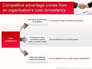 John Devlin MBA FCCA https://au.linkedin.com/in/JohnDevlinSydney
Competitive advantage comes from
an organisation’s core competency
Combines in ways
competitors cannot
easily or quickly imitate
Able to be exploited
across the business
Ads value as perceived
by customer
Core
competency
Is a source of major competitive advantage
Can be defended for required period.
Can be applied across a wide range of applications
 