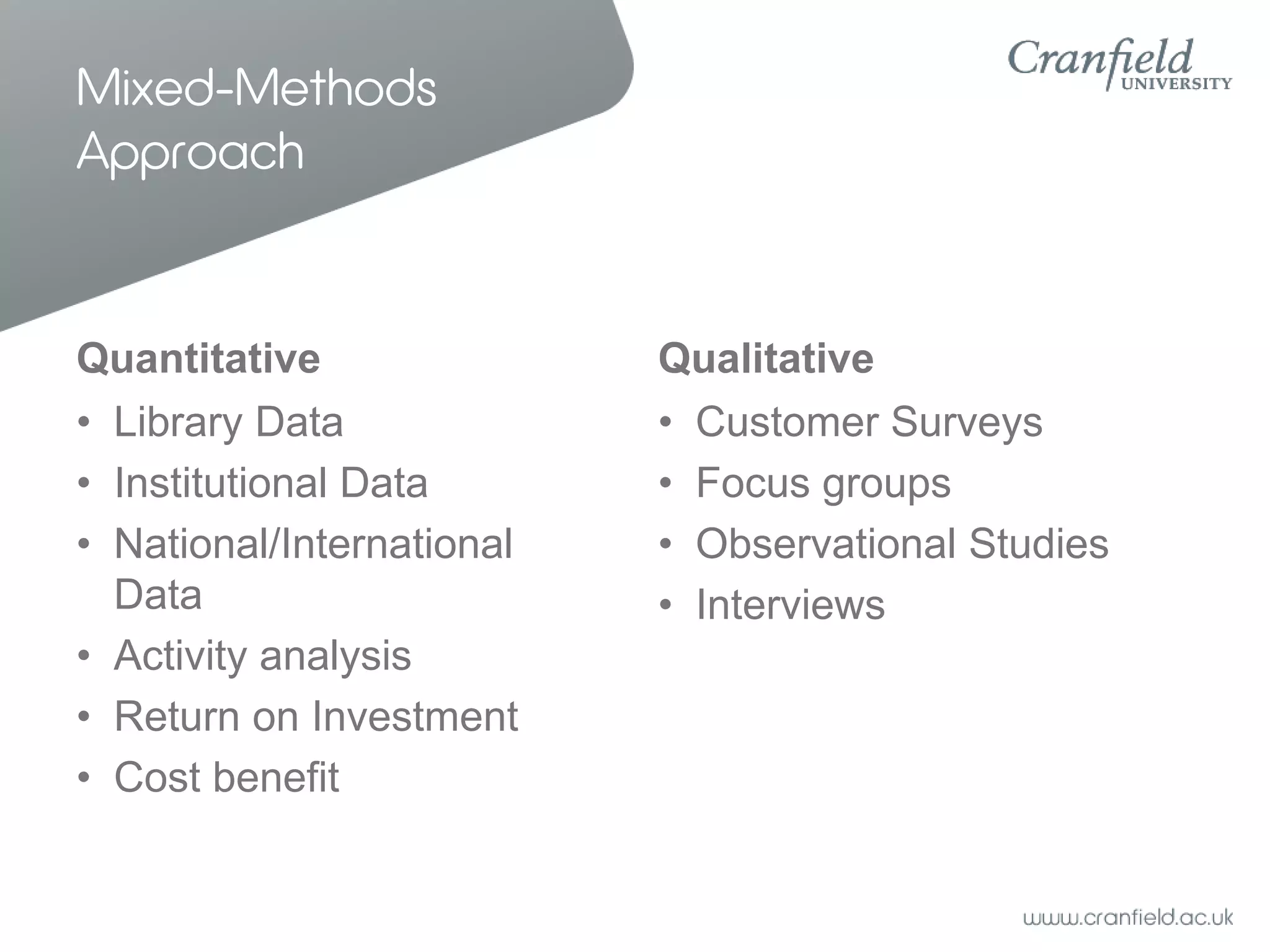 Mixed-Methods
Approach


Quantitative               Qualitative
• Library Data             •   Customer Surveys
• Institutional Data       •   Focus groups
• National/International   •   Observational Studies
  Data                     •   Interviews
• Activity analysis
• Return on Investment
• Cost benefit
 