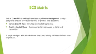 BCG Matrix
The BCG Matrix is a strategic tool used in portfolio management to help
companies analyze their business units or product lines based on:
 Market Growth Rate – How fast the market is growing.
 Relative Market Share – A company’s share compared to its largest
competitor.
It helps managers allocate resources effectively among different business units
or products.
 