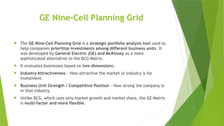 GE Nine-Cell Planning Grid
 The GE Nine-Cell Planning Grid is a strategic portfolio analysis tool used to
help companies prioritize investments among different business units. It
was developed by General Electric (GE) and McKinsey as a more
sophisticated alternative to the BCG Matrix.
 It evaluates businesses based on two dimensions:
 Industry Attractiveness – How attractive the market or industry is for
investment.
 Business Unit Strength / Competitive Position – How strong the company is
in that industry.
 Unlike BCG, which uses only market growth and market share, the GE Matrix
is multi-factor and more flexible.
 