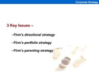 Corporate Strategy




3 Key Issues –

  –Firm’s directional strategy

  –Firm’s portfolio strategy

  –Firm’s parenting s...