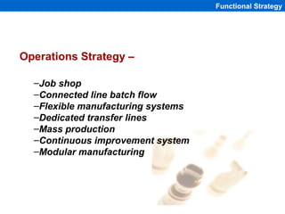 Functional Strategy




Operations Strategy –

  –Job shop
  –Connected line batch flow
  –Flexible manufacturing systems
...