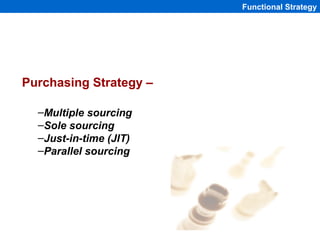 Functional Strategy




Purchasing Strategy –

  –Multiple sourcing
  –Sole sourcing
  –Just-in-time (JIT)
  –Parallel sou...