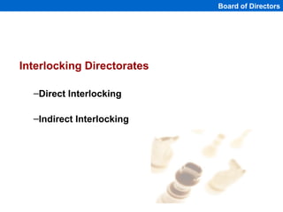 Board of Directors




Interlocking Directorates

  –Direct Interlocking

  –Indirect Interlocking




                   ...