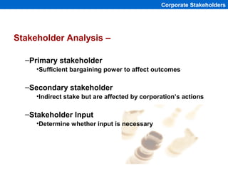 Corporate Stakeholders




Stakeholder Analysis –

  –Primary stakeholder
     •Sufficient bargaining power to affect outc...