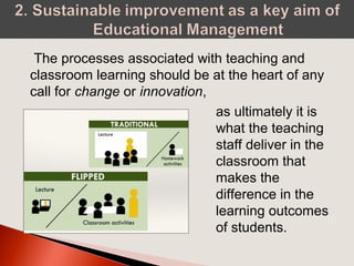 The processes associated with teaching and
classroom learning should be at the heart of any
call for change or innovation,
as ultimately it is
what the teaching
staff deliver in the
classroom that
makes the
difference in the
learning outcomes
of students.
 