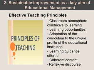 - Classroom atmosphere
conducive to learning
- Learning opportunities
- Adaptation of the
curriculum to the unique
profile of the educational
institution
- Learning guidance
offered
- Coherent content
- Reflexive discourse
Effective Teaching Principles
 