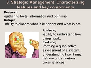 Research;
-gathering facts, information and opinions.
Critique;
-ability to discern what is important and what is not.
Analysis;
-ability to understand how
things work.
Evaluate;
-forming a quantitative
assessment of a system,
understanding how it may
behave under various
circumstances.
 