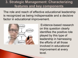 Evidence-based research
on this question clearly
identifies the positive role
played by this type of
leadership in harnessing
the efforts of all those
involved in educational
improvement at every
level.
The role and reach of effective educational leadership
is recognized as being indispensable and a decisive
factor in educational improvement.
 