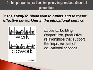 The ability to relate well to others and to foster
effective co-working in the educational setting,
based on building
cooperative, productive
relationships that support
the improvement of
educational services.
 