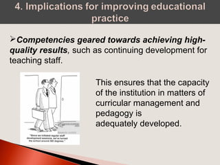 Competencies geared towards achieving high-
quality results, such as continuing development for
teaching staff.
This ensures that the capacity
of the institution in matters of
curricular management and
pedagogy is
adequately developed.
 