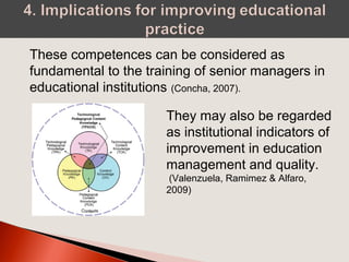 These competences can be considered as
fundamental to the training of senior managers in
educational institutions (Concha, 2007).
They may also be regarded
as institutional indicators of
improvement in education
management and quality.
(Valenzuela, Ramimez & Alfaro,
2009)
 