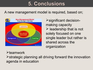 A new management model is required, based on;
significant decision-
making capacity
 leadership that is not
solely focused on one
single leader but rather is
shared across the
organization
teamwork
strategic planning all driving forward the innovation
agenda in education
 