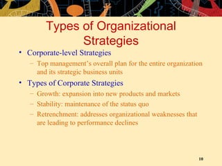 Types of Organizational Strategies Corporate-level Strategies Top management’s overall plan for the entire organization and its strategic business units Types of Corporate Strategies Growth: expansion into new products and markets Stability: maintenance of the status quo Retrenchment: addresses organizational weaknesses that are leading to performance declines 