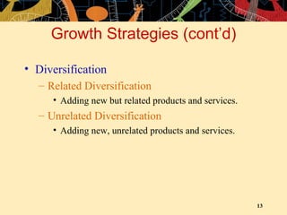 Growth Strategies (cont’d) Diversification Related Diversification Adding new but related products and services. Unrelated Diversification Adding new, unrelated products and services. 