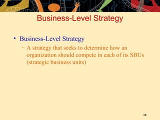 Business-Level Strategy Business-Level Strategy A strategy that seeks to determine how an organization should compete in each of its SBUs (strategic business units) 