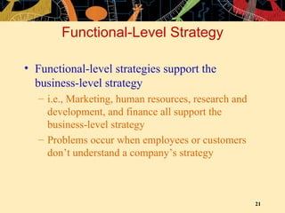 Functional-Level Strategy Functional-level strategies support the business-level strategy i.e., Marketing, human resources, research and development, and finance all support the business-level strategy Problems occur when employees or customers don’t understand a company’s strategy 