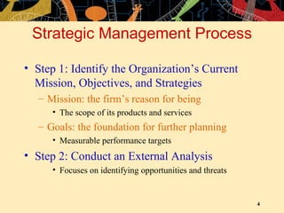 Strategic Management Process Step 1: Identify the Organization’s Current Mission, Objectives, and Strategies Mission: the firm’s reason for being The scope of its products and services Goals: the foundation for further planning Measurable performance targets Step 2: Conduct an External Analysis Focuses on identifying opportunities and threats 