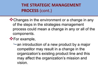 ❖Changes in the environment or a change in any
of the steps in the strategies management
process could mean a change in any or all of the
components.
❖For example,
 an introduction of a new product by a major
competitor may result in a change in the
organization’s existing product line and this
may affect the organization’s mission and
vision.
THE STRATEGIC MANAGEMENT
PROCESS (cont.)
 