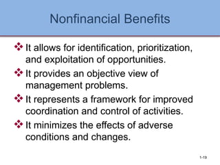 Nonfinancial Benefits
❖It allows for identification, prioritization,
and exploitation of opportunities.
❖It provides an objective view of
management problems.
❖It represents a framework for improved
coordination and control of activities.
❖It minimizes the effects of adverse
conditions and changes.
1-19
 