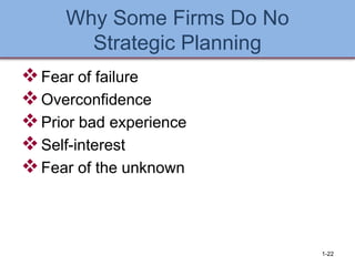 Why Some Firms Do No
Strategic Planning
❖Fear of failure
❖Overconfidence
❖Prior bad experience
❖Self-interest
❖Fear of the unknown
1-22
 