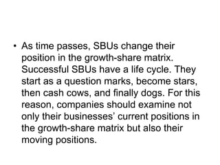 • As time passes, SBUs change their
position in the growth-share matrix.
Successful SBUs have a life cycle. They
start as a question marks, become stars,
then cash cows, and finally dogs. For this
reason, companies should examine not
only their businesses’ current positions in
the growth-share matrix but also their
moving positions.
 