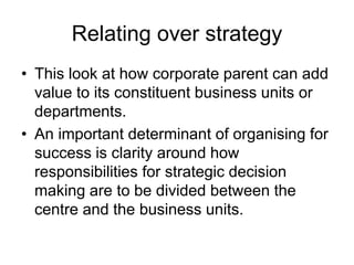 Relating over strategy
• This look at how corporate parent can add
value to its constituent business units or
departments.
• An important determinant of organising for
success is clarity around how
responsibilities for strategic decision
making are to be divided between the
centre and the business units.
 