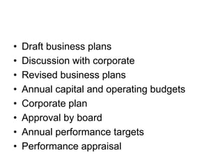 • Draft business plans
• Discussion with corporate
• Revised business plans
• Annual capital and operating budgets
• Corporate plan
• Approval by board
• Annual performance targets
• Performance appraisal
 