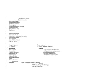 •
• Threat of new entrants
• Barriers to entry:
• Economies of scale
• Product differentiation
• Capital requirement
• Switching cost
• Access to distribution channels
• Government policy
• Entry-deterring price
• Experience
•
• Industry competitors
• Intense rivalry if:
• Numerous of similar-sized competitors
• Slow industry growth
• High fixed cost
• Lack of differentiations
• High exit barriers
•
•
• Bargaining power Bargaining power
• of suppliers of buyers Buyers Suppliers
•
Powerful if: Power if:
• Few suppliers -Large proportion of sellers sales
• No substitute -High proportion of the buyer’s cost
• Industry not import- -Undifferentiated product
• ant customer of -Low buyer switching cost
• supplier group -Threat of backward integration
• Supplier groups
• product are different-
• rated
• Threat of forward
• Substitutes
• integration Threat of substitute product or services
• Source:
• M. E Porter, Competitive Strategy
• The Free Press, 1980
 