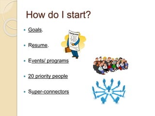 How do I start?
 Goals.
 Resume.
 Events/ programs
 20 priority people
 Super-connectors
 