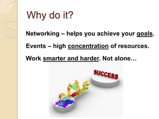 Why do it?
Networking – helps you achieve your goals.
Events – high concentration of resources.
Work smarter and harder. Not alone…
 