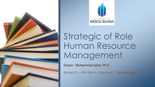 Strategic of Role
Human Resource
Management
Dosen : Muhammad Iqbal, Ph.D
Batara D. – Rini Wiji A.– Novika E. - Dian Angga T.

 