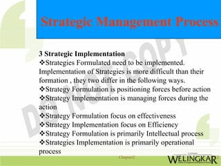 Strategic Management Process

3 Strategic Implementation
  Strategies Formulated need to be implemented.
Implementation of Strategies is more difficult than their
formation , they two differ in the following ways.
  Strategy Formulation is positioning forces before action
  Strategy Implementation is managing forces during the
action
  Strategy Formulation focus on effectiveness
  Strategy Implementation focus on Efficiency
  Strategy Formulation is primarily Intellectual process
  Strategies Implementation is primarily operational
process
                           Chapter2                          12
 