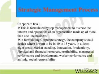 Strategic Management Process

Corporate level:
   This is formulated by top management to oversee the
interest and operations of an organization made up of more
than one line business.
   In formulating Corporate strategy, the company should
decide where it want to be in 10 to 15 years, in at least
eight areas: Market standing, Innovation, Productivity,
Physical and financial resources, profitability, managerial
performance and development, worker performance and
attitude, social responsibility.


                           Chapter2                           8
 
