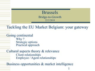 Tackling the EU Market Belgium: your gateway Going continental Why ? Strategic options Practical approach Cultural aspects theory & relevance Client relationships Employee / Agent relationships Business opportunities & market  intelligence Brussels Bridge-to-Growth 22/2/2010 