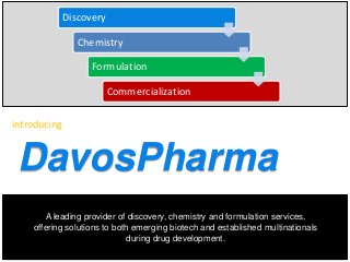 Discovery

Chemistry
Formulation
Commercialization
introducing

DavosPharma
A leading provider of discovery, chemistry and formulation services,
offering solutions to both emerging biotech and established multinationals
during drug development.

 